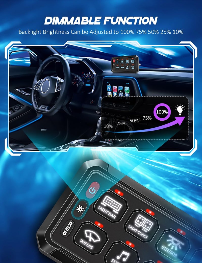 Chelhead 12V Switch Panel 8 Gang RGB Led 3 Button Touch Control Panel Box with Momentary Dimmable Strobe Function Compatible with Trucks Jeep Boat Marine SUV Caravan UTV Pickup - Image 4